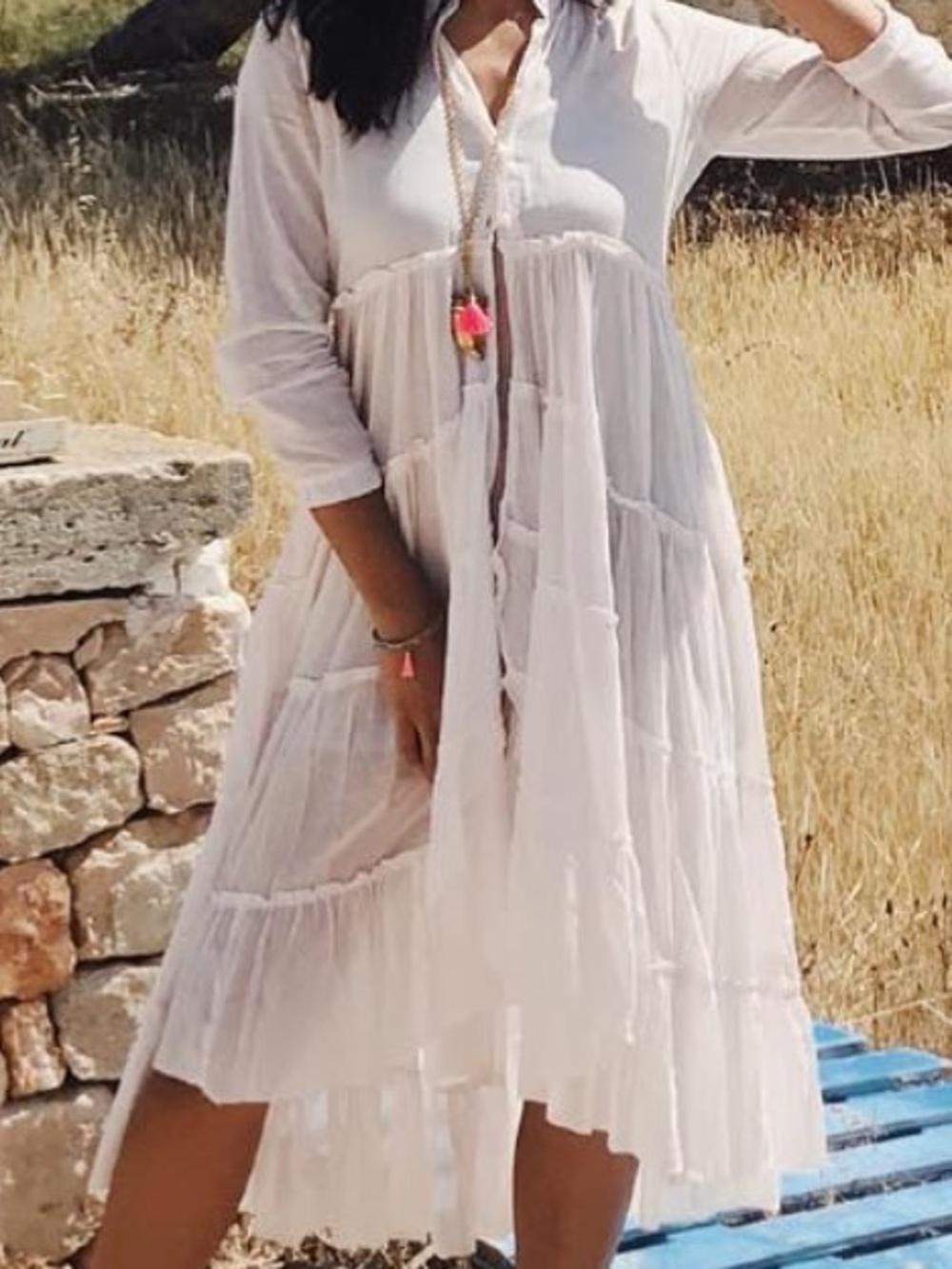 Lightweight White Tiered Cotton Midi Dress EUC